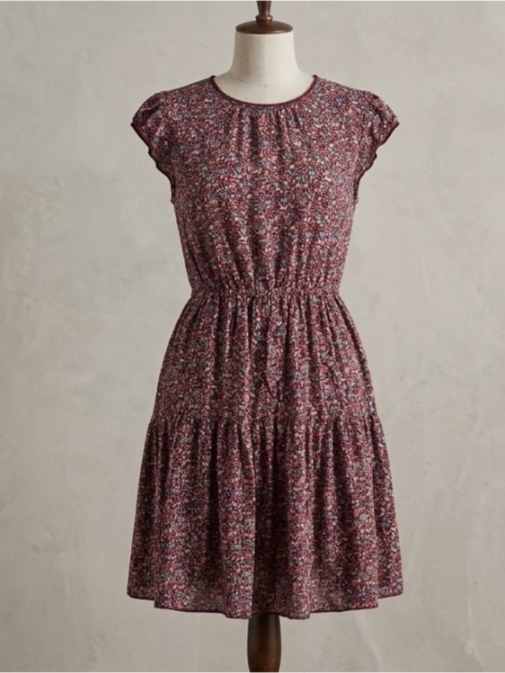 Ditsy Floral Mini Dress Cap Sleeve A Line Tiered Elastic Cottagecore Prairie S